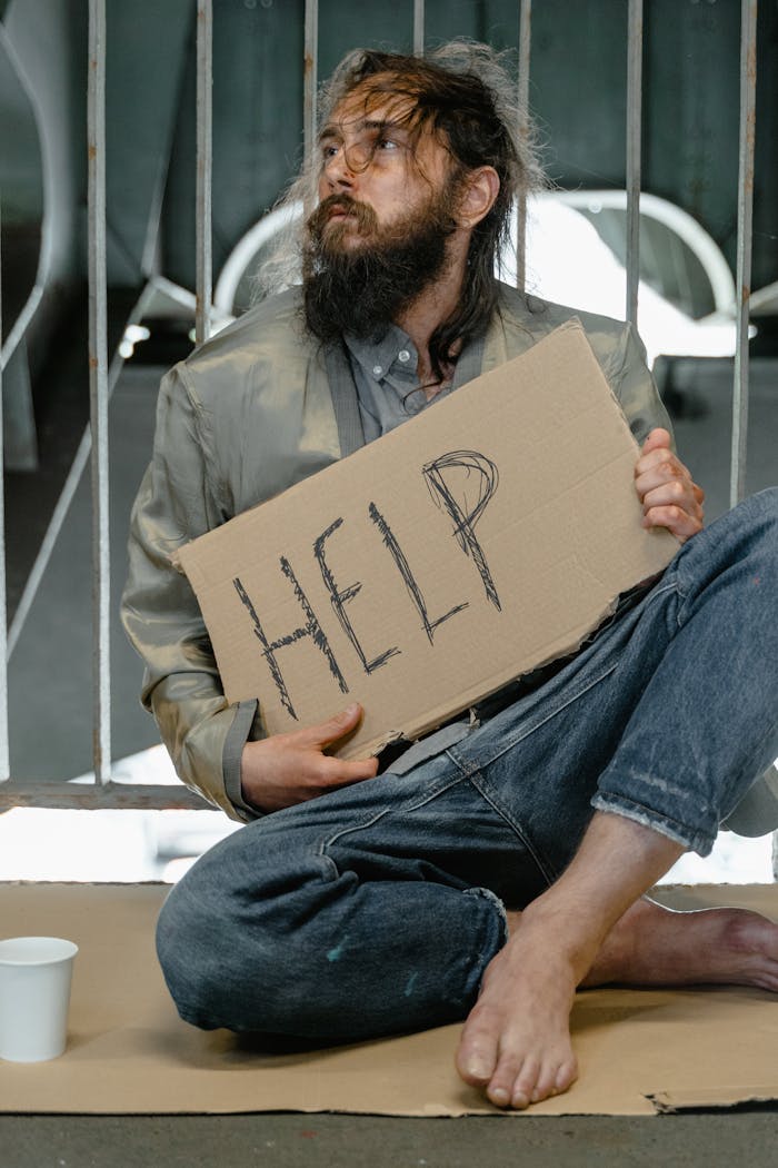 An adult man sits outdoors holding a cardboard sign with 'HELP', signifying homelessness and need.